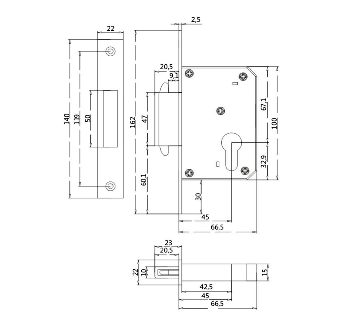 DOUBLE HOOK MORTISE LOCK for sliding doors with EP Hole